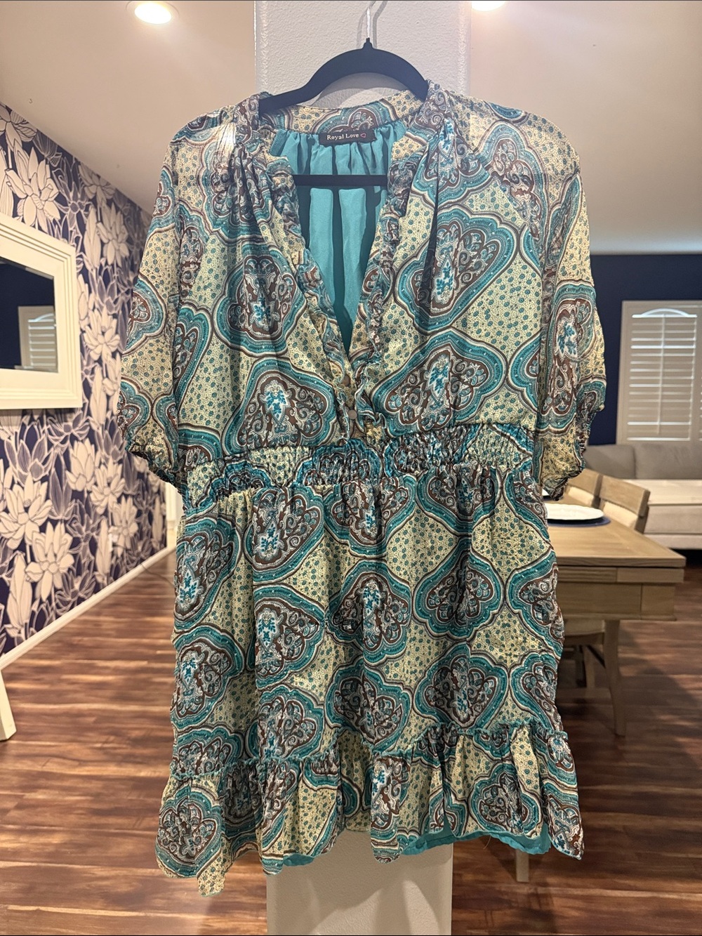 Paisley Smocked Waist Tunic Dress in Teal and Cream